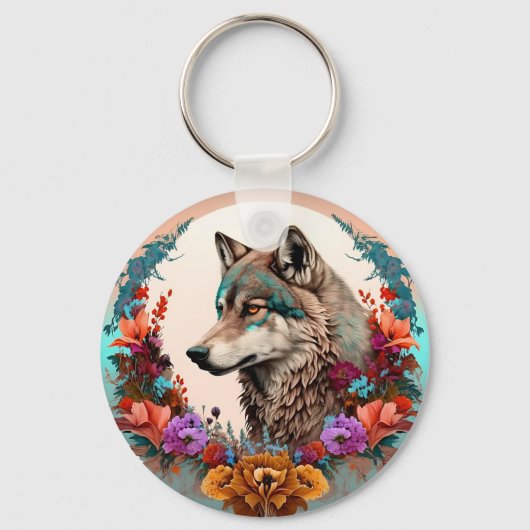 Farbiger Wolf mit Blume Schlüsselanhänger (Rückseite)