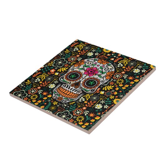 Farbiger Zuckerschädel mit Retro-Blume Hintergrund Fliese (Seite)