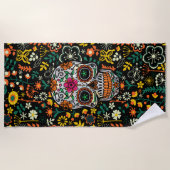 Farbiger Zuckerschädel mit Retro-Blume im Hintergr Strandtuch (Vorderseite)