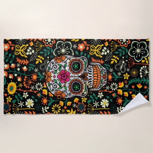 Farbiger Zuckerschädel mit Retro-Blume im Hintergr Strandtuch (Vorderseite)