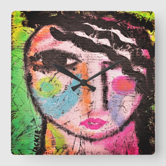 Farbiges Abstraktes Portrait einer Frau Quadratische Wanduhr (Vorderseite)