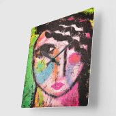 Farbiges Abstraktes Portrait einer Frau Quadratische Wanduhr (Winkel)