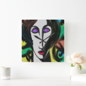 Farbiges Abstraktes Portrait einer Frauenlaufzeit Quadratische Wanduhr (Zuhause)