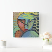 Farbiges Abstraktes Portrait einer Frauenlaufzeit Quadratische Wanduhr (Zuhause)