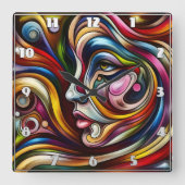 Farbiges Abstraktes Portrait mit dynamischen Wirbe Quadratische Wanduhr (Vorderseite)