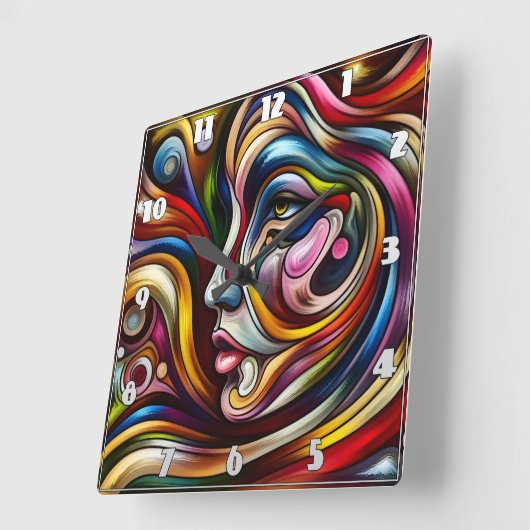Farbiges Abstraktes Portrait mit dynamischen Wirbe Quadratische Wanduhr (Winkel)