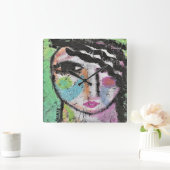 Farbiges Abstraktes Porträt einer Frauenraeume Quadratische Wanduhr (Zuhause)