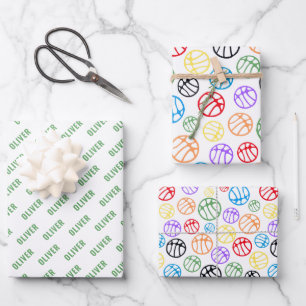 Farbiges Basketball-Muster Sport Name Geschenkpapier Set