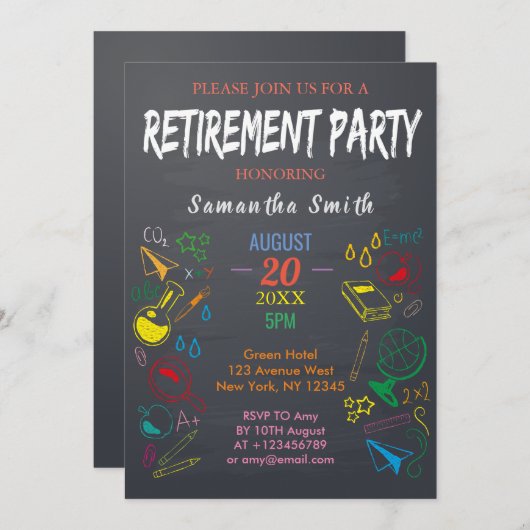 Farbiges Blackboard-Lehrer-Altersruhestand-Party Einladung (Vorne/Hinten)