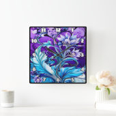 Farbiges Blumendesign mit blauen und Lila Farbtöne Quadratische Wanduhr (Zuhause)