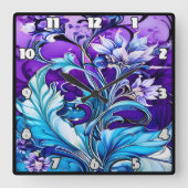 Farbiges Blumendesign mit blauen und Lila Farbtöne Quadratische Wanduhr (Vorderseite)