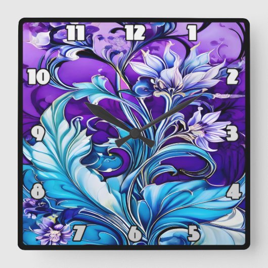 Farbiges Blumendesign mit blauen und Lila Farbtöne Quadratische Wanduhr (Vorderseite)