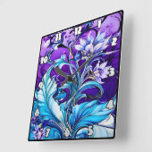 Farbiges Blumendesign mit blauen und Lila Farbtöne Quadratische Wanduhr (Winkel)