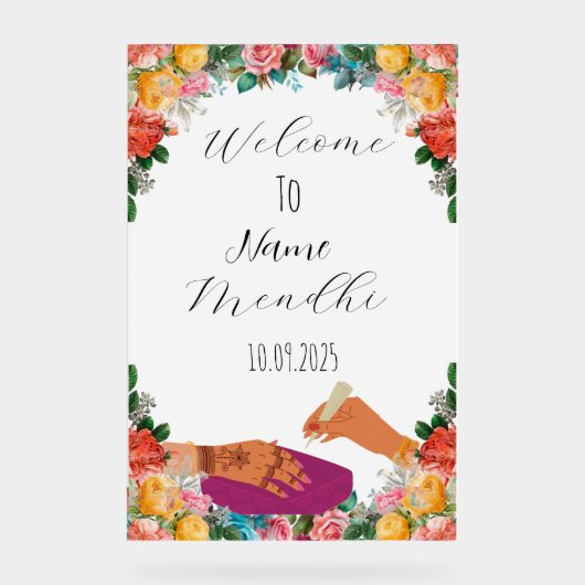 Farbiges blumengeschmücktes Mendhi Acrylschild (Vorderseite)