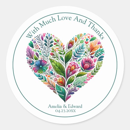 Farbiges Blumenherz "Danke" Gefallen Runder Aufkleber (Vorderseite)