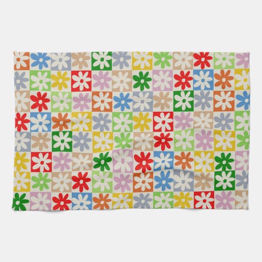 Farbiges, Bold Checkered Blume Y2K-Muster Geschirrtuch (Horizontal)