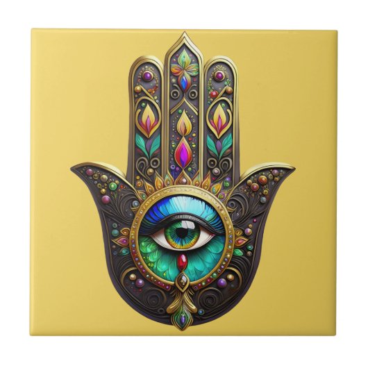 Farbiges Braun Gold Hamsa Regenbogenfarben Drittes Fliese (Vorderseite)