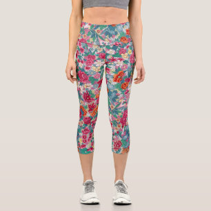 Farbiges chinesisches Blumenmuster Capri Leggings