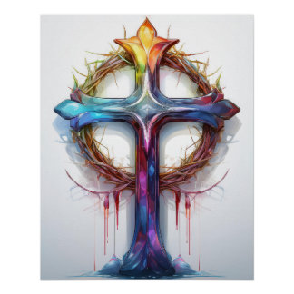 Farbiges Christliches Kreuz über Dornen Poster