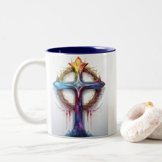 Farbiges Christliches Kreuz über Dornen Zweifarbige Tasse (Mit Donut)