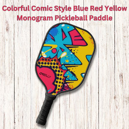 Farbiges Comic Blauer Rot-Gelbe Monogramm Pickleball Schläger