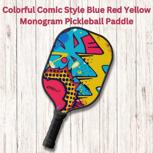 Farbiges Comic Blauer Rot-Gelbe Monogramm Pickleball Schläger
