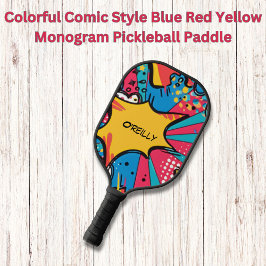 Farbiges Comic Blauer Rot-Gelbe Monogramm Pickleball Schläger