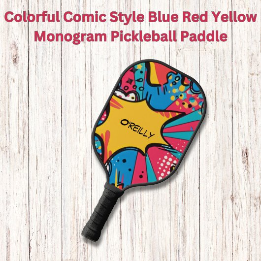 Farbiges Comic Blauer Rot-Gelbe Monogramm Pickleball Schläger
