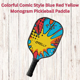 Farbiges Comic Blauer Rot-Gelbe Monogramm Pickleball Schläger