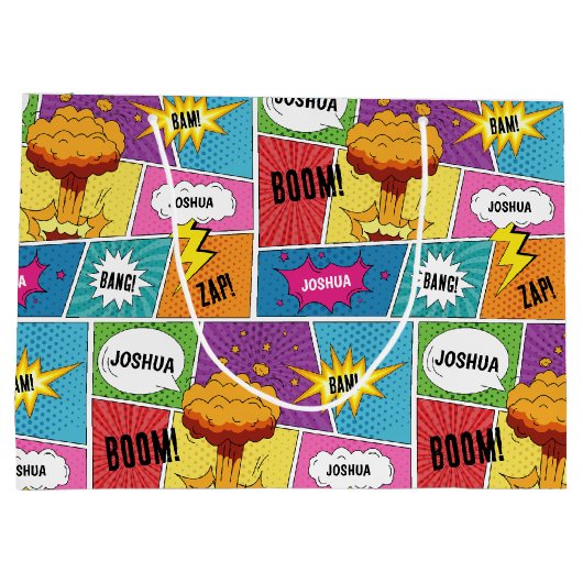 Farbiges Comic Personalisierter Name Pop Art Große Geschenktüte (Rückseite)