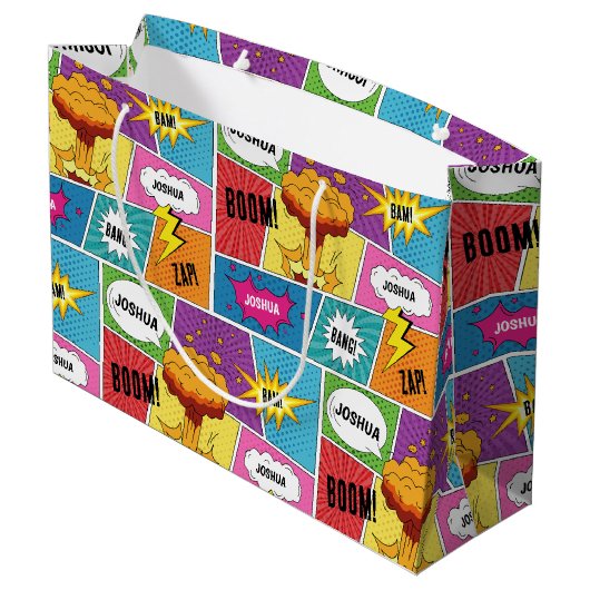 Farbiges Comic Personalisierter Name Pop Art Große Geschenktüte (Rückseite Schrägansicht)