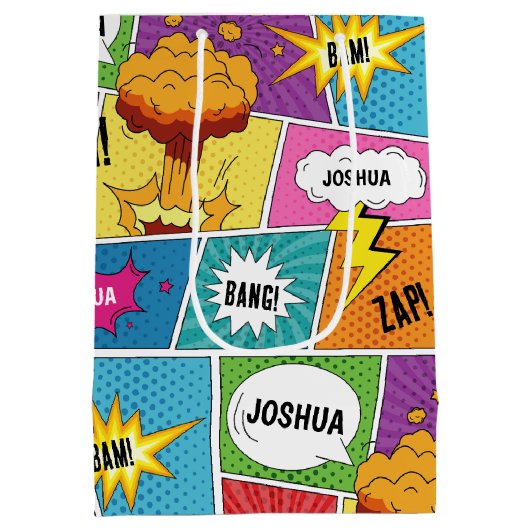 Farbiges Comic Personalisierter Name Pop Art Mittlere Geschenktüte (Rückseite)