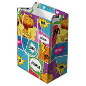 Farbiges Comic Personalisierter Name Pop Art Mittlere Geschenktüte (Rückseite Schrägansicht)