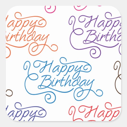 Farbiges Cursive Happy Birthday Pattern Quadratischer Aufkleber (Vorderseite)