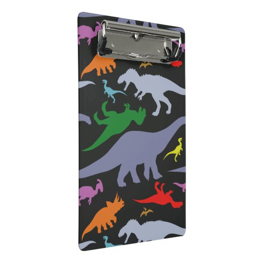Farbiges Dinosaurier-Muster (dunkel) Mini Klemmbrett (Schrägansicht)
