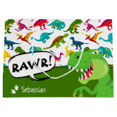 Farbiges Dinosaurier-Muster mit dem Namen T-Rex Gr Große Geschenktüte (Vorderseite)