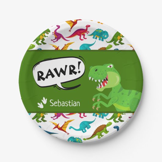 Farbiges Dinosaurier-Muster mit dem Namen T-Rex Gr Pappteller (Vorderseite)