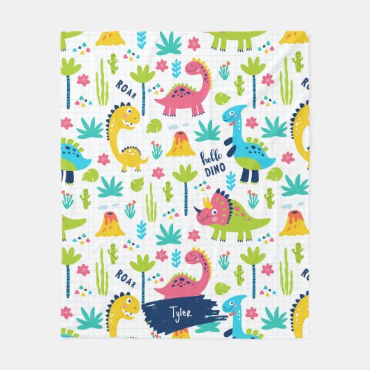Farbiges Dinosaurier-Muster mit Kindernamen Fleecedecke (Vorderseite)