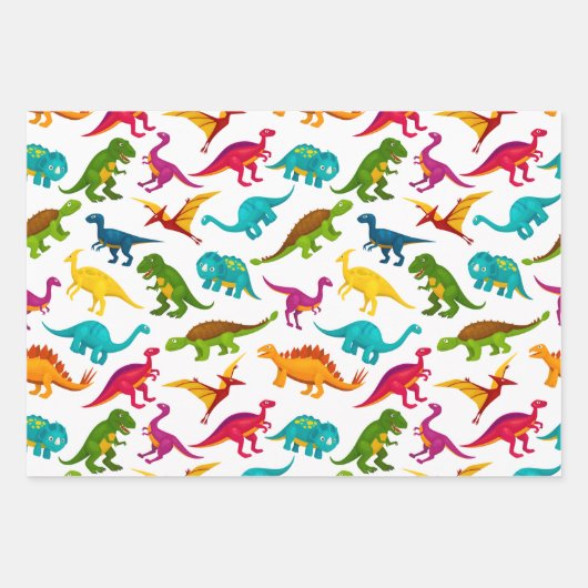 Farbiges Dinosaurier-Muster mit Namen Geschenkpapier Set (Vorderseite)