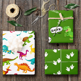 Farbiges Dinosaurier-Muster mit Namen Geschenkpapier Set