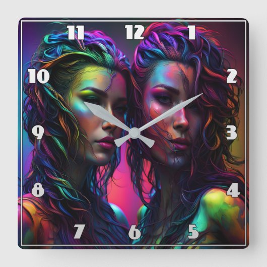 Farbiges Dualportrait von Frauen mit lockerer Haar Quadratische Wanduhr (Vorderseite)
