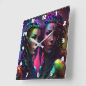 Farbiges Dualportrait von Frauen mit lockerer Haar Quadratische Wanduhr (Winkel)