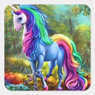 Farbiges Einhornpferd im Wald-46567 Quadratischer Aufkleber