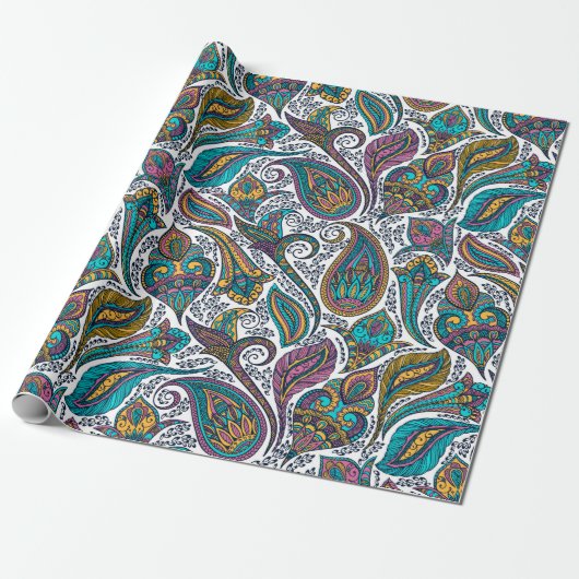 Farbiges ethnisches Paisley-Muster Geschenkpapier (Ungerollt)
