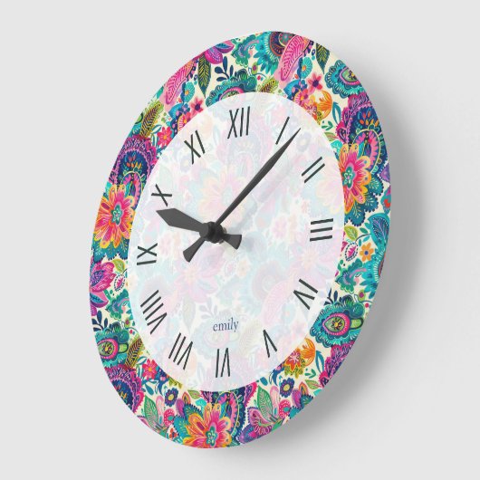 Farbiges ethnisches Paisley-Muster Große Wanduhr (Winkel)
