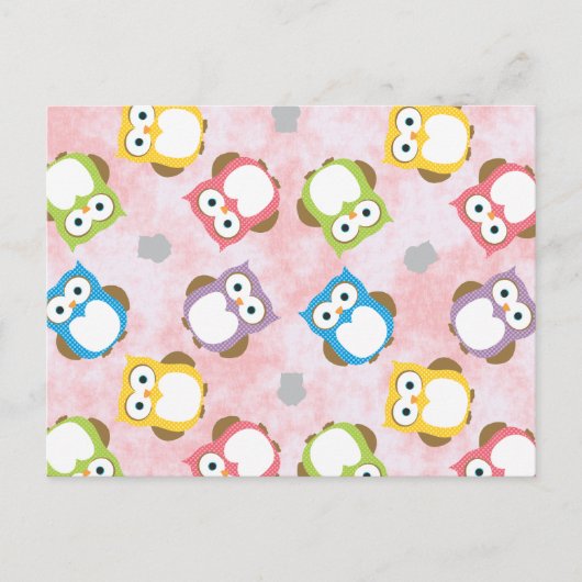 Farbiges Eule-Muster auf einem rosa Hintergrund Postkarte (Vorderseite)