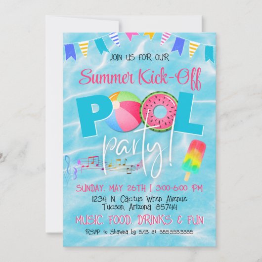 Farbiges familienfreundliches Summer Pool Party Einladung (Vorderseite)