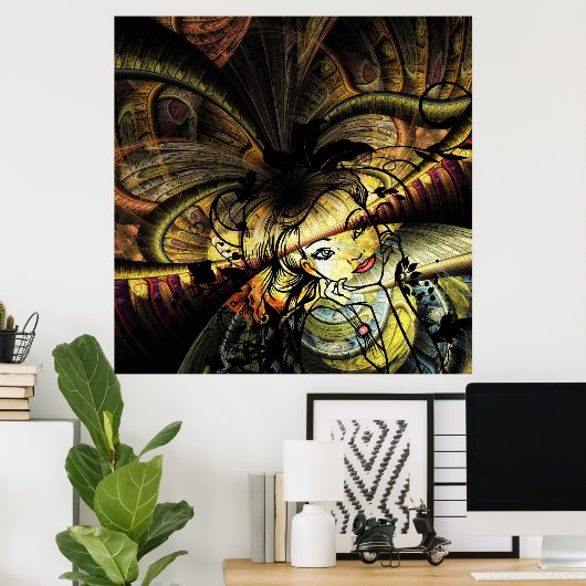 Farbiges Fraktal mit Blumenmädchen Poster (Heimbüro)