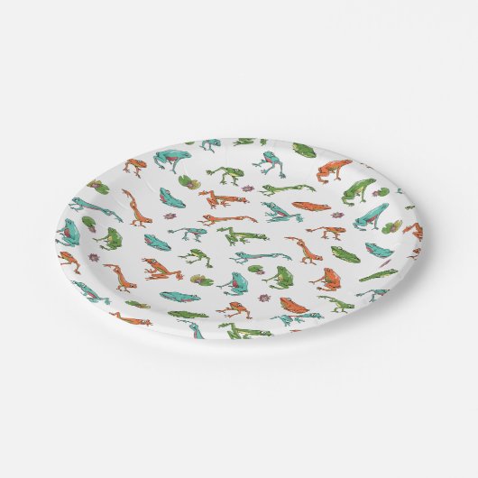 Farbiges Froschmuster Pappteller (Schrägansicht)