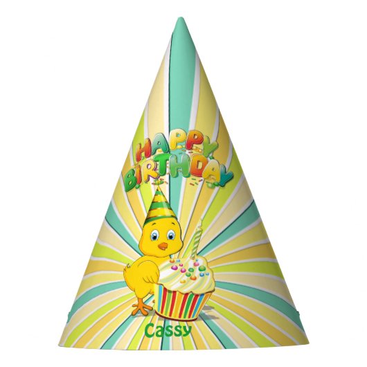 Farbiges Geburtstagshähnchen Partyhütchen (Vorderseite)